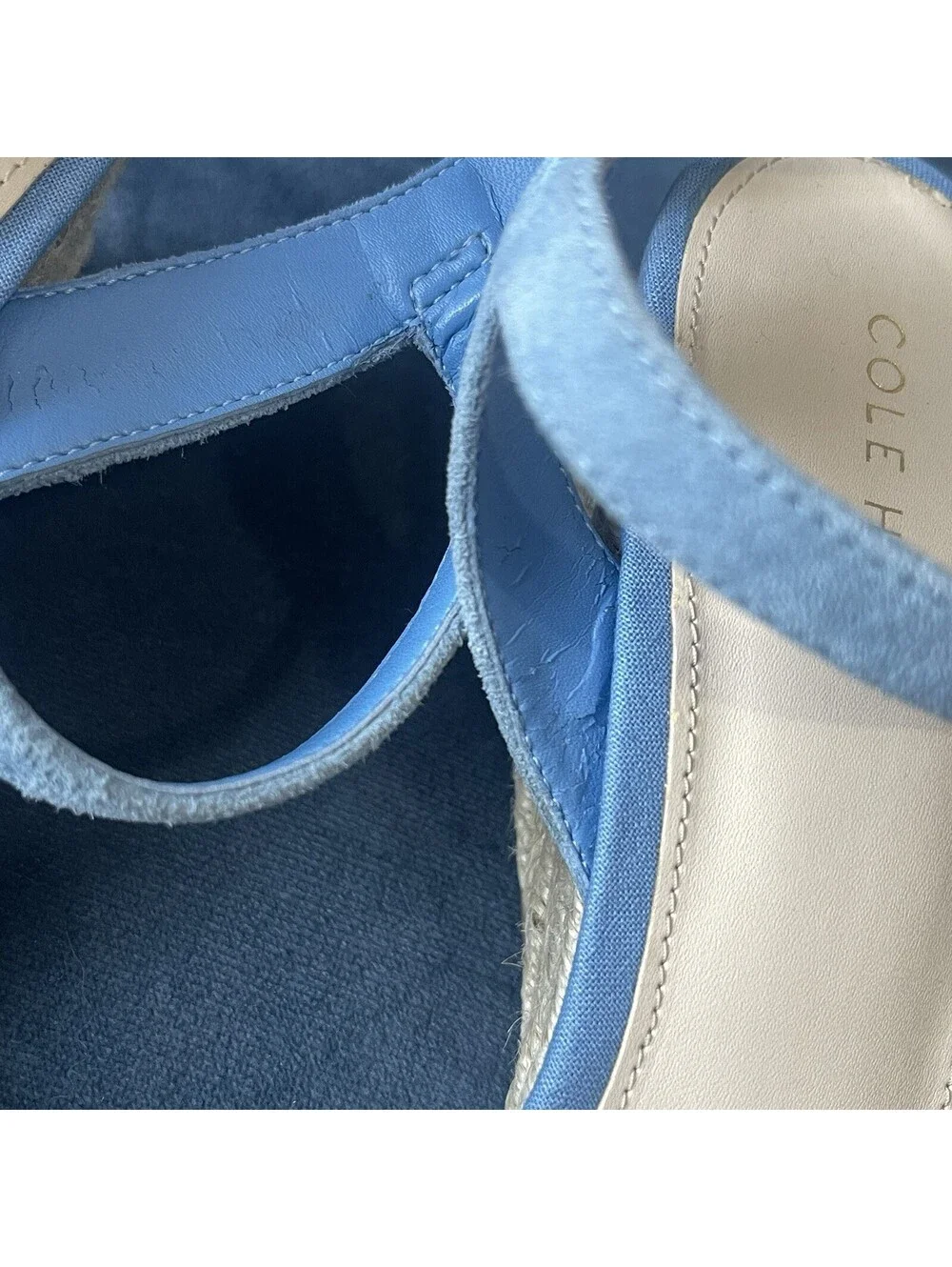 Cole Haan Woman's 6B Jasmine  Espadrille Wedge Blue Suede Gold 3” Heel Sandals